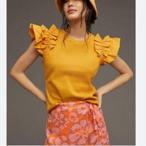 Anthropologie Yellow Ruffle Sleeve Tee